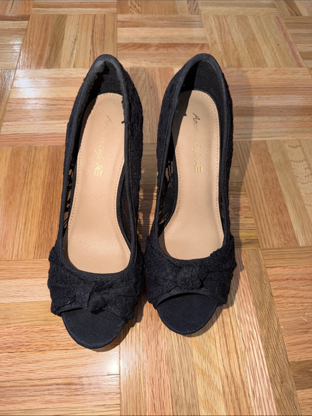 American Eagle By Payless Black Lace Peep-Toe Wedge Heels - Picture 3 of 5